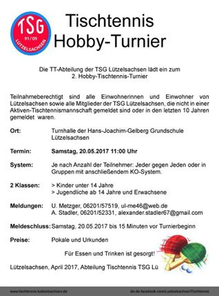 Die TT-Abteilung der TSG Lützelsachsen lädt zum 2. Hobby-Tischtennis-Turnier ein.