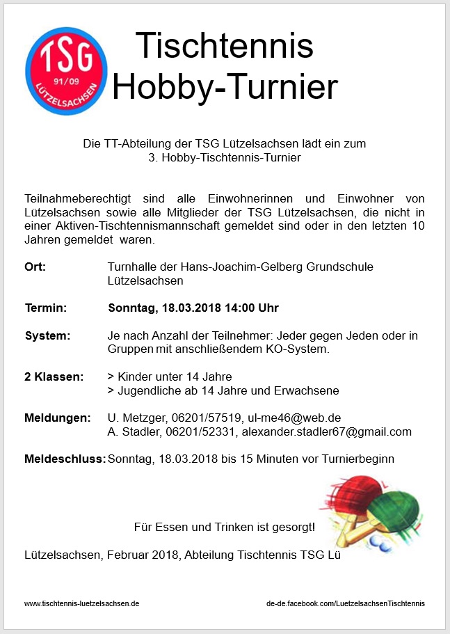 Einladung TSG-Tischtennis Hobby-Turnier 2018